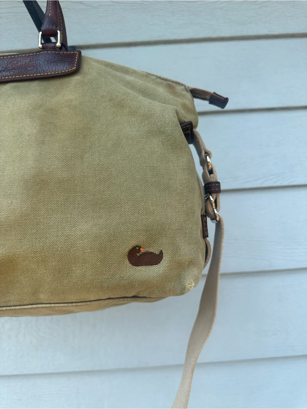 Dooney & Bourke Olive Canvas Duffel with Brown Leather Trim - Picture 3 of 15